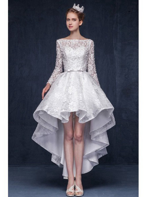 A-line Bateau High Low Lace Sleeves Wedding Gown
