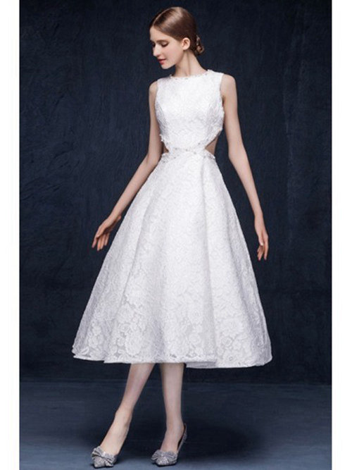 A-line Jewel Tea Length Lace Wedding Dress