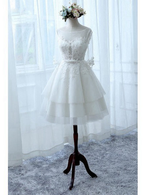 A-line Sheer Knee Length Organza Sleeves Wedding Wear Applique