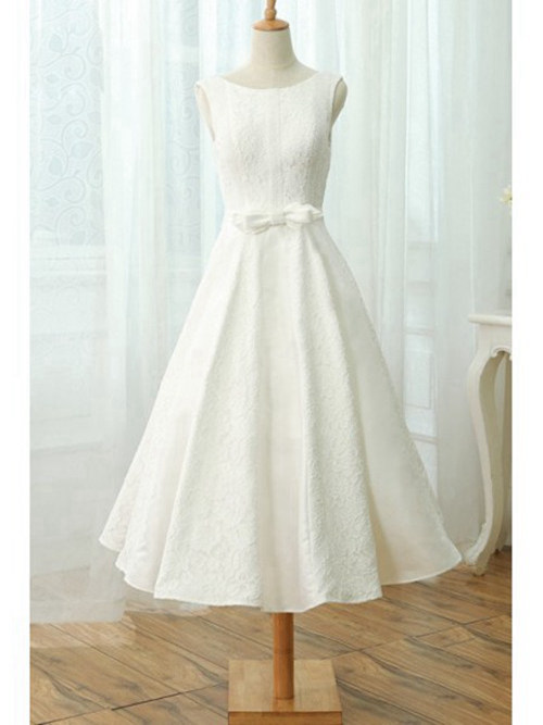 A-line Scoop Tea Length Chiffon Wedding Dress Applique Bowknot