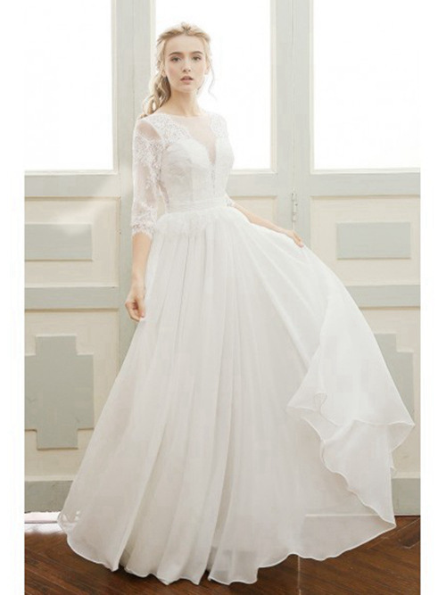 A-line Sheer Floor Length Chiffon Lace Sleeves Wedding Dress