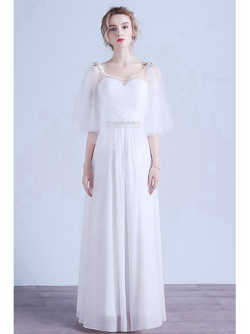A-line Scoop Floor Length Chiffon Sleeves Bridal Dress