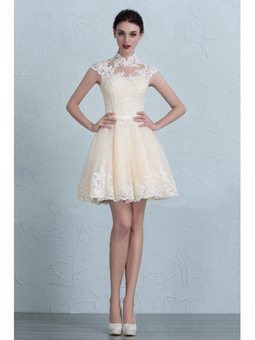 A-line High Neck Lace Short Wedding Dress