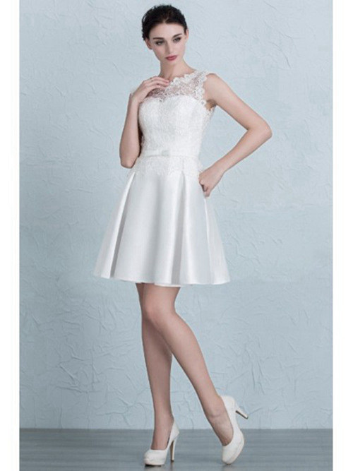A-line Jewel Satin Lace Short Wedding Dress
