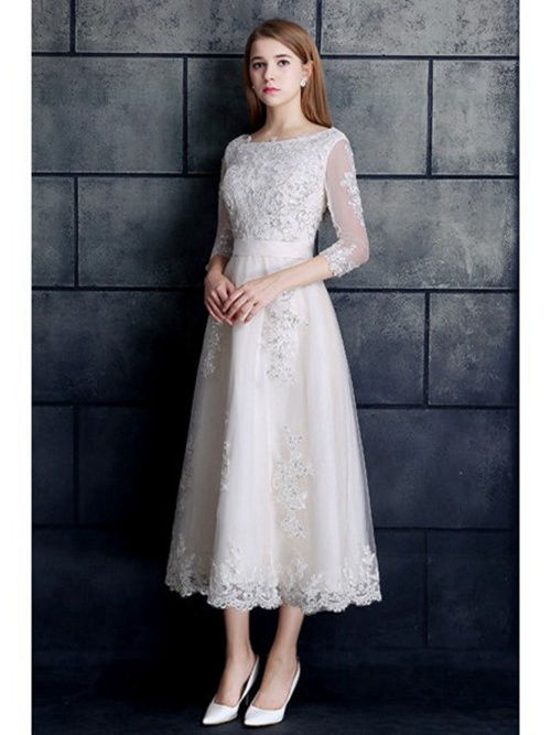 A-line Scoop Tea Length Organza Sleeves Wedding Dress Applique