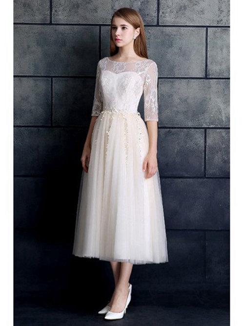 A-line Sheer Tea Length Organza Lace Sleeves Bridal Wear