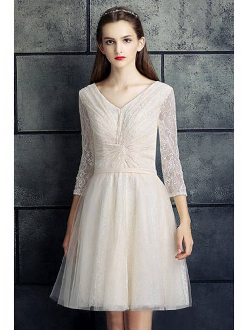 A-line V Neck Lace Sleeves Short Bridal Dress