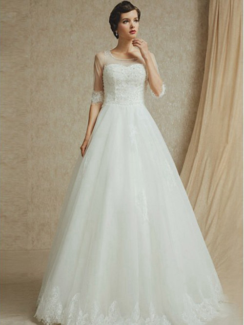 A-line Sheer Floor Length Organza Sleeves Wedding Gown Applique