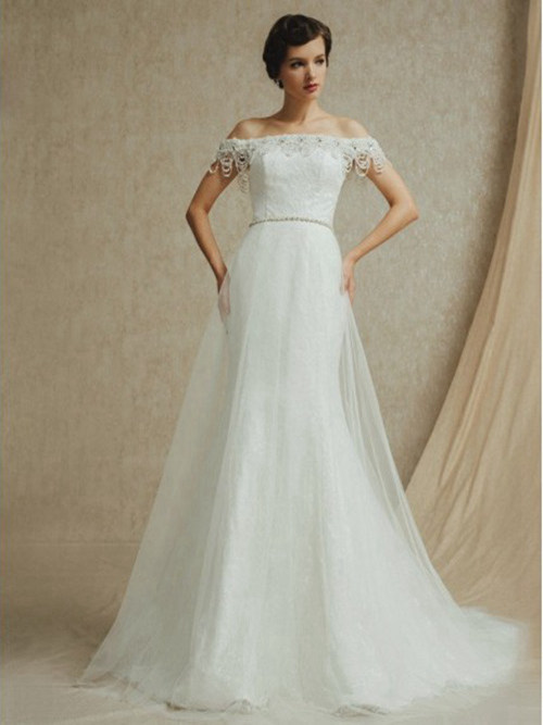 A-line Off Shoulder Brush Train Tulle Lace Bridal Wear Beads