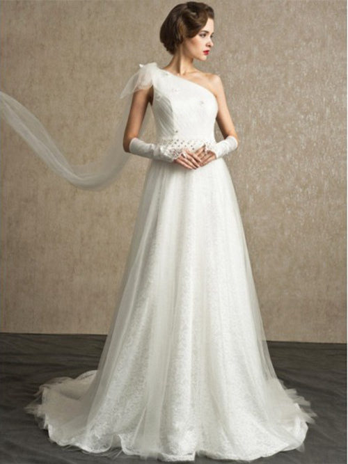 A-line One Shoulder Long Lace Organza Bridal Dress Beads