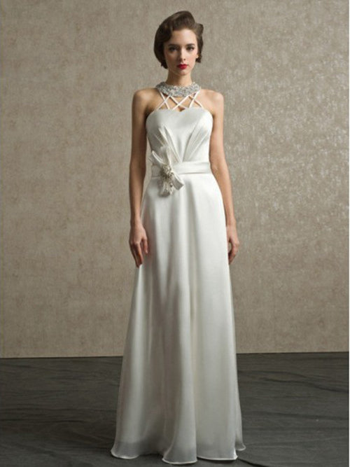 A-line Halter Floor Length Satin Wedding Dress Beads Bowknot