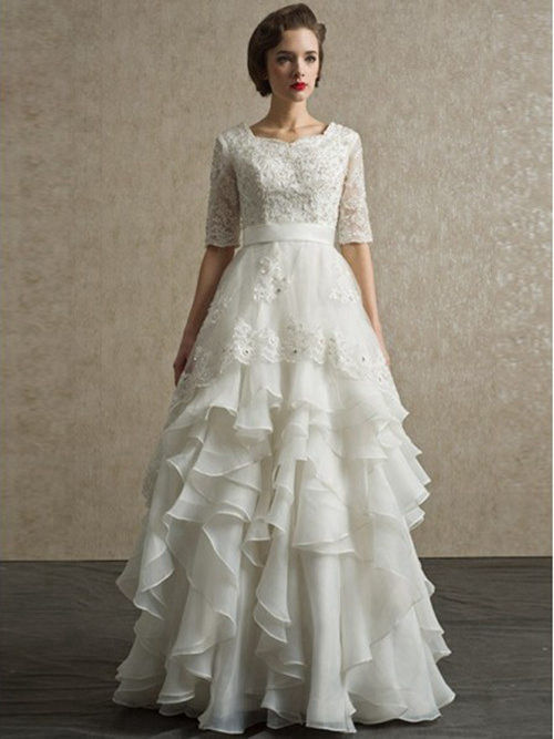 A-line Square Floor Length Chiffon Lace Sleeves Bridal Dress