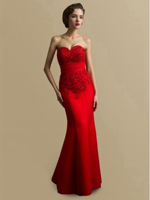 Mermaid Sweetheart Floor Length Red Wedding Dress Applique