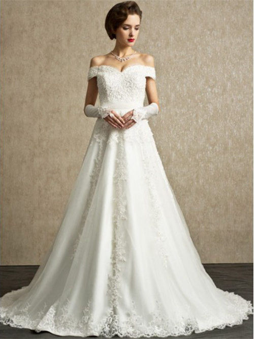 A-line Off Shoulder Long Organza Beach Bridal Wear Applique