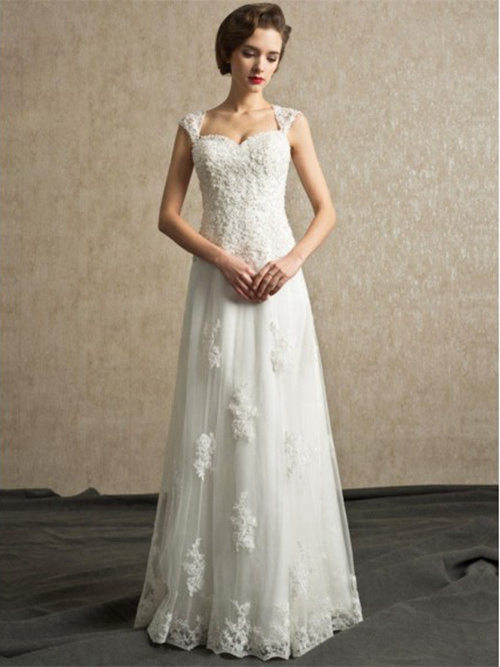 A-line Straps Floor Length Organza Bridal Dress Applique