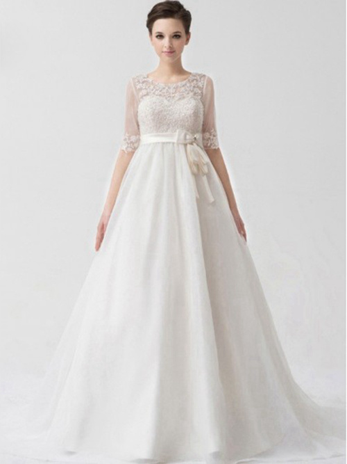 A-line Scoop Organza Sleeves Wedding Gown Bowknot