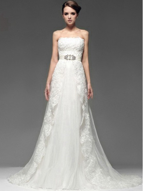 A-line Strapless Sweep Train Lace Tulle Bridal Wear