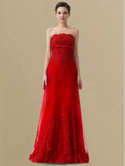 A-line Strapless Organza Red Bridal Wear Beads Applique