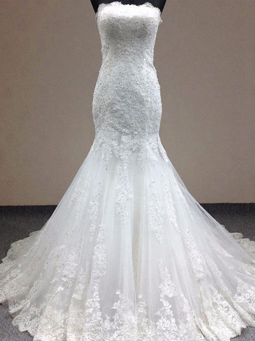 Mermaid Strapless Brush Train Lace Wedding Gown