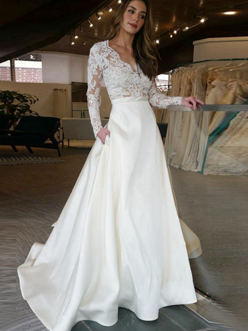 A-line V Neck Long Lace Sleeves Satin Bridal Dress
