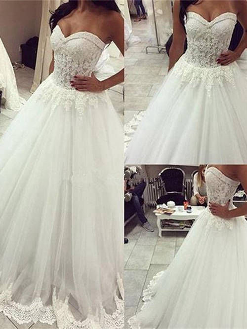 A-line Sweetheart Brush Train Organza Wedding Dress Applique