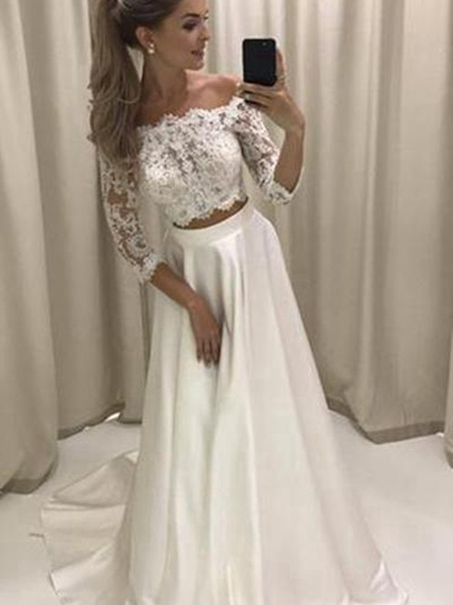 A-line Off Shoulder Lace Sleeves Satin 2 Piece Bridal Gown