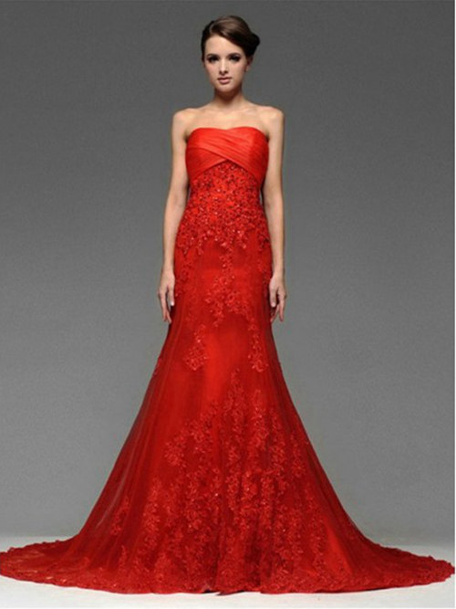 Mermaid Sweetheart Organza Red Wedding Dress Applique