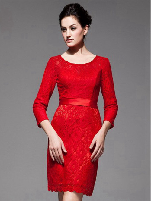 Sheath Scoop Lace Sleeves Red Short Bridal Dress