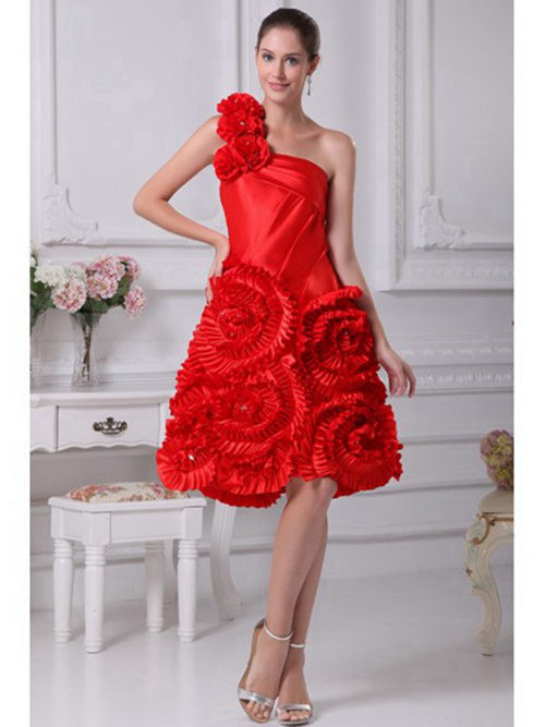 A-line One Shoulder Knee Length Red Satin Wedding Dress Flowers