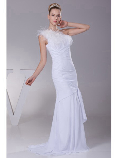 Mermaid One Shoulder Satin Wedding Gown Feathers