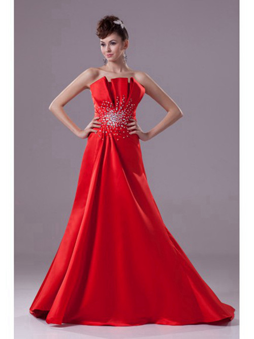 A-line Strapless Satin Red Bridal Dress Beads