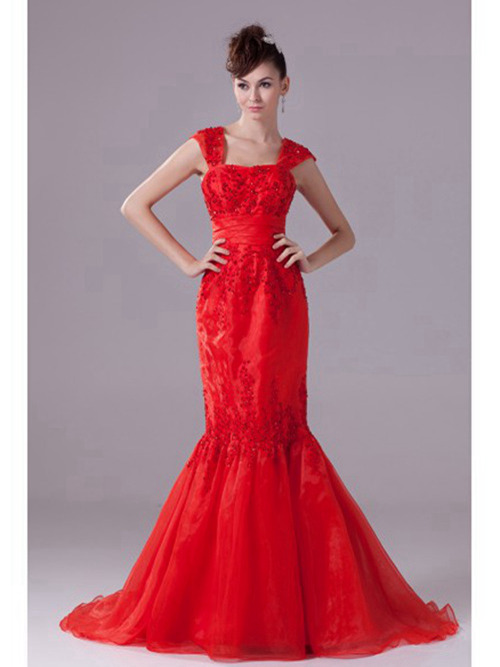 Mermaid Straps Organza Red Bridal Gown Beads