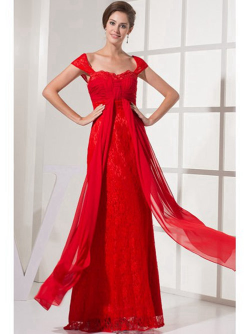 A-line Straps Red Lace Chiffon Wedding Dress