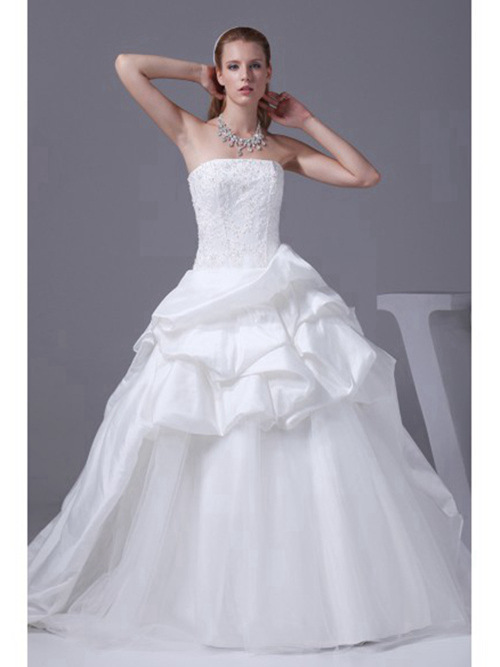 A-line Strapless Satin Organza Bridal Dress Ruffles