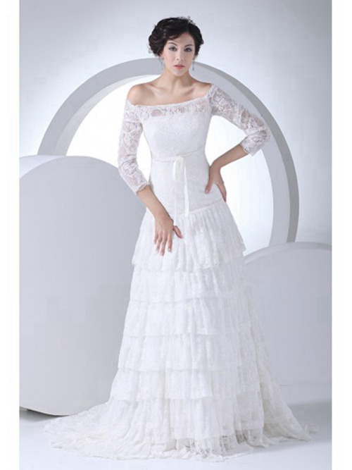 A-line Off Shoulder Lace Sleeves Wedding Dress