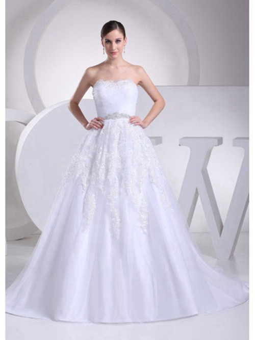 A-line Strapless Organza Wedding Dress Applique Beads