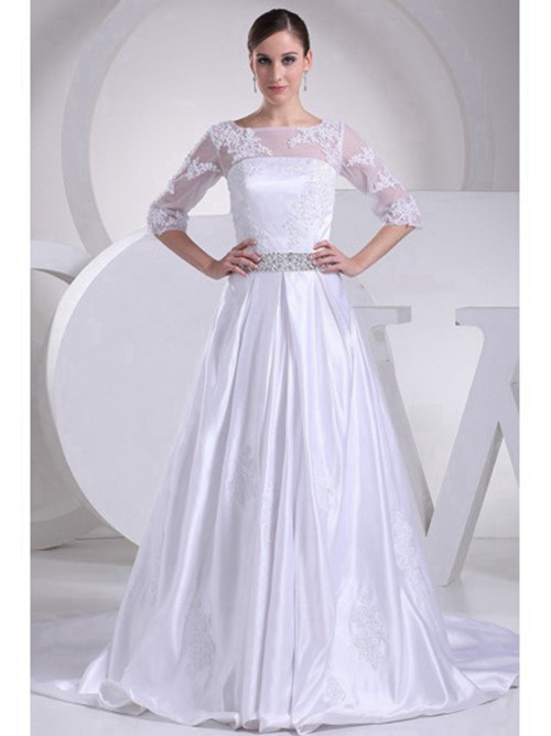 A-line Sheer Satin Lace Sleeves Wedding Gown Beads