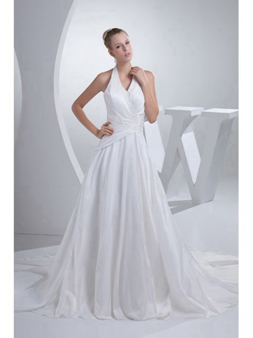 A-line Halter Satin Long Bridal Dress
