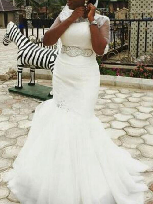 Mermaid Jewel Organza Sleeves Bridal Gown Beads