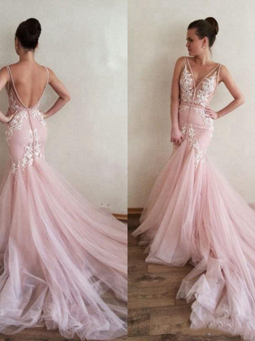 Mermaid V Neck Organza Pink Wedding Dress Applique