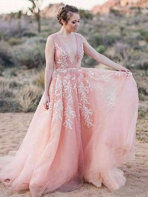 A-line V Neck Organza Pink Bridal Gown Applique