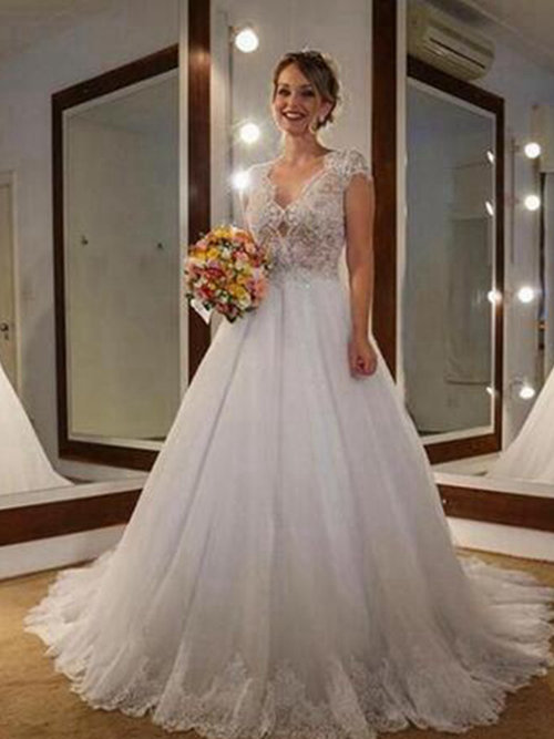 A-line V Neck Organza Lace Bridal Wear