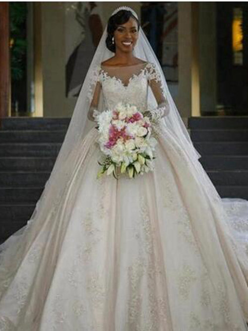 Ball Gown Sheer Satin Lace Sleeves Wedding Wear Applique