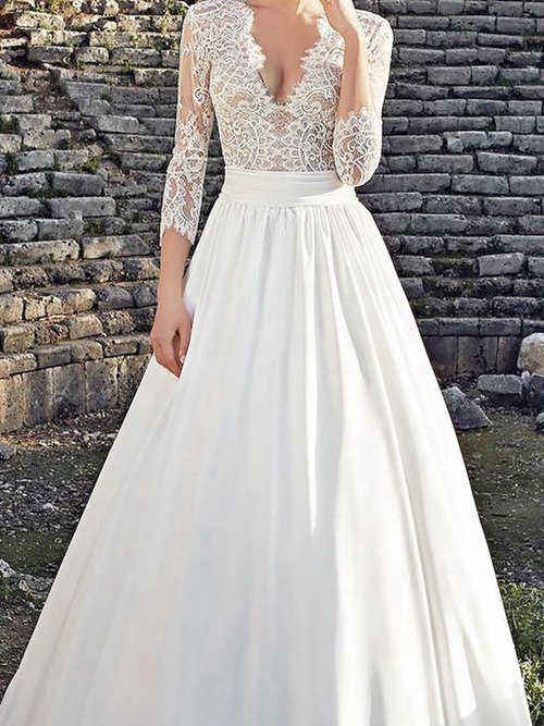 A-line V Neck Lace Sleeves Satin Wedding Gown