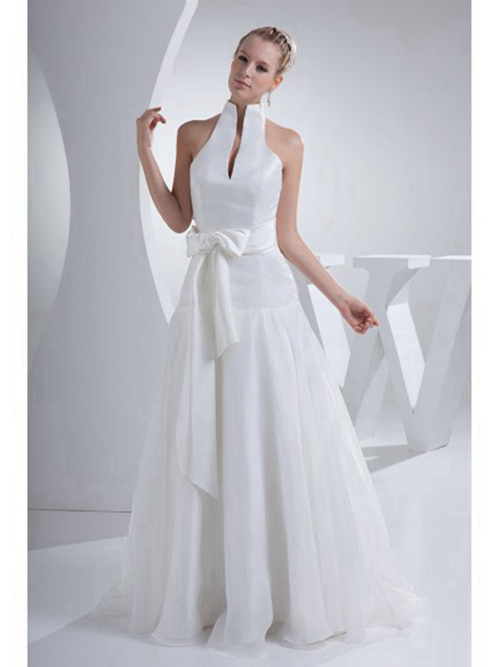 A-line High Neck Satin Chiffon Bridal Dress