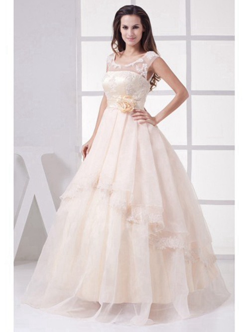 A-line Scoop Organza Pink Bridal Dress Flower