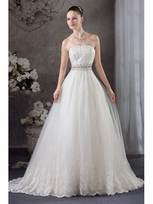 A-line Strapless Organza Lace Bridal Dress Beads