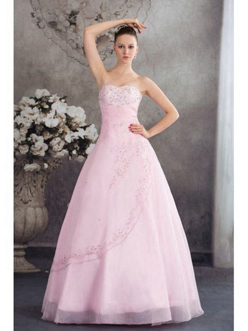 A-line Sweetheart Organza Pink Wedding Gown Beads
