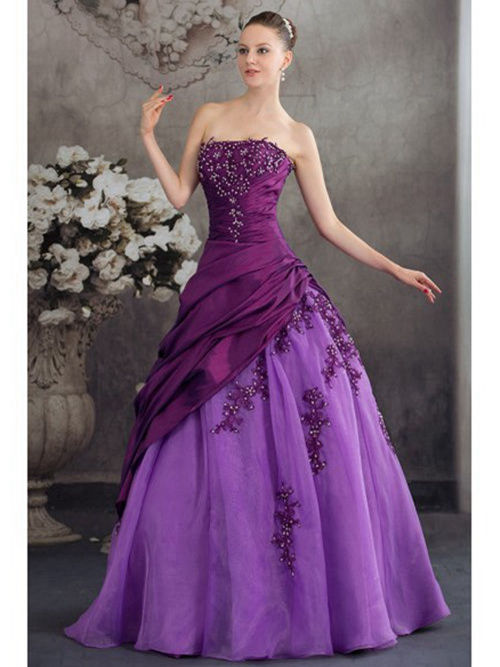 A-line Strapless Purple Organza Taffeta Bridal Wear Beads