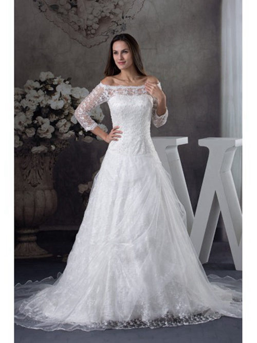 A-line Off Shoulder Lace Sleeves Bridal Dress
